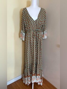 Bohemian Sage Green Floral Maxi Dress Large